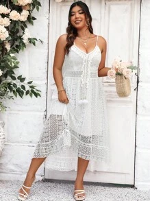 SHEIN Holidaya Vestido de tirantes ribete con fleco con encaje - Blanco - Ver 5