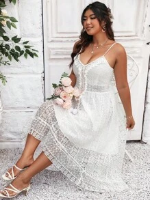 SHEIN Holidaya Vestido de tirantes ribete con fleco con encaje - Blanco - Ver 6