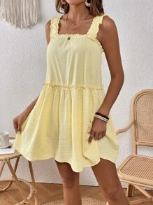 SHEIN VCAY Frill Trim Solid Smock Dress - Yellow - View 5