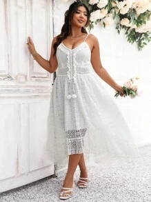 SHEIN Holidaya Vestido de tirantes ribete con fleco con encaje - Blanco - Ver 7