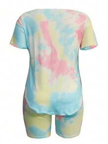 Plus Tie Dye Split Hem Tee & Cycling Shorts - Baby Blue - View 2