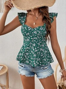 SHEIN VCAY Áo nữ Lộ Lưng Xù Viên lá sen Họa tiết hoa Boho - Màu xanh lá cây đậm - Xem 6