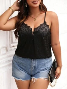 SHEIN Clasi Plus Leopard Jacquard Eyelash Dance Trim Cami Top Tricouri Grafice Cheetah Print Tricouri Femei