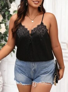 SHEIN Clasi Plus Leopard Jacquard Eyelash Dance Trim Cami Top Tricouri Grafice Cheetah Print Tricouri Femei