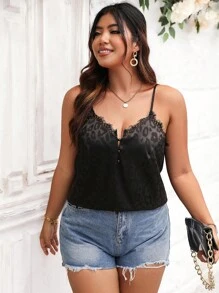 SHEIN Clasi Plus Leopard Jacquard Eyelash Dance Trim Cami Top Tricouri Grafice Cheetah Print Tricouri Femei