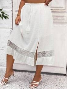 SHEIN Clasi 大碼蕾絲拼接流蘇腰部打結荷葉邊高衩半身裙 - 白色 - 查看 4
