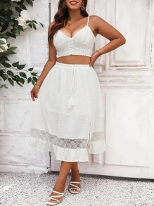 SHEIN Clasi 大碼蕾絲拼接流蘇腰部打結荷葉邊高衩半身裙 - 白色 - 查看 5