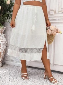 SHEIN Clasi 大碼蕾絲拼接流蘇腰部打結荷葉邊高衩半身裙 - 白色 - 查看 6