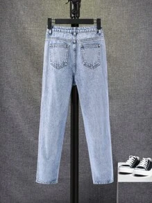 SHEIN 男大童破洞抽鬚漂白水洗牛仔褲 - 淺色水洗藍 - 查看 2