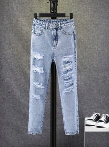 SHEIN 男大童破洞抽鬚漂白水洗牛仔褲 - 淺色水洗藍 - 查看 3