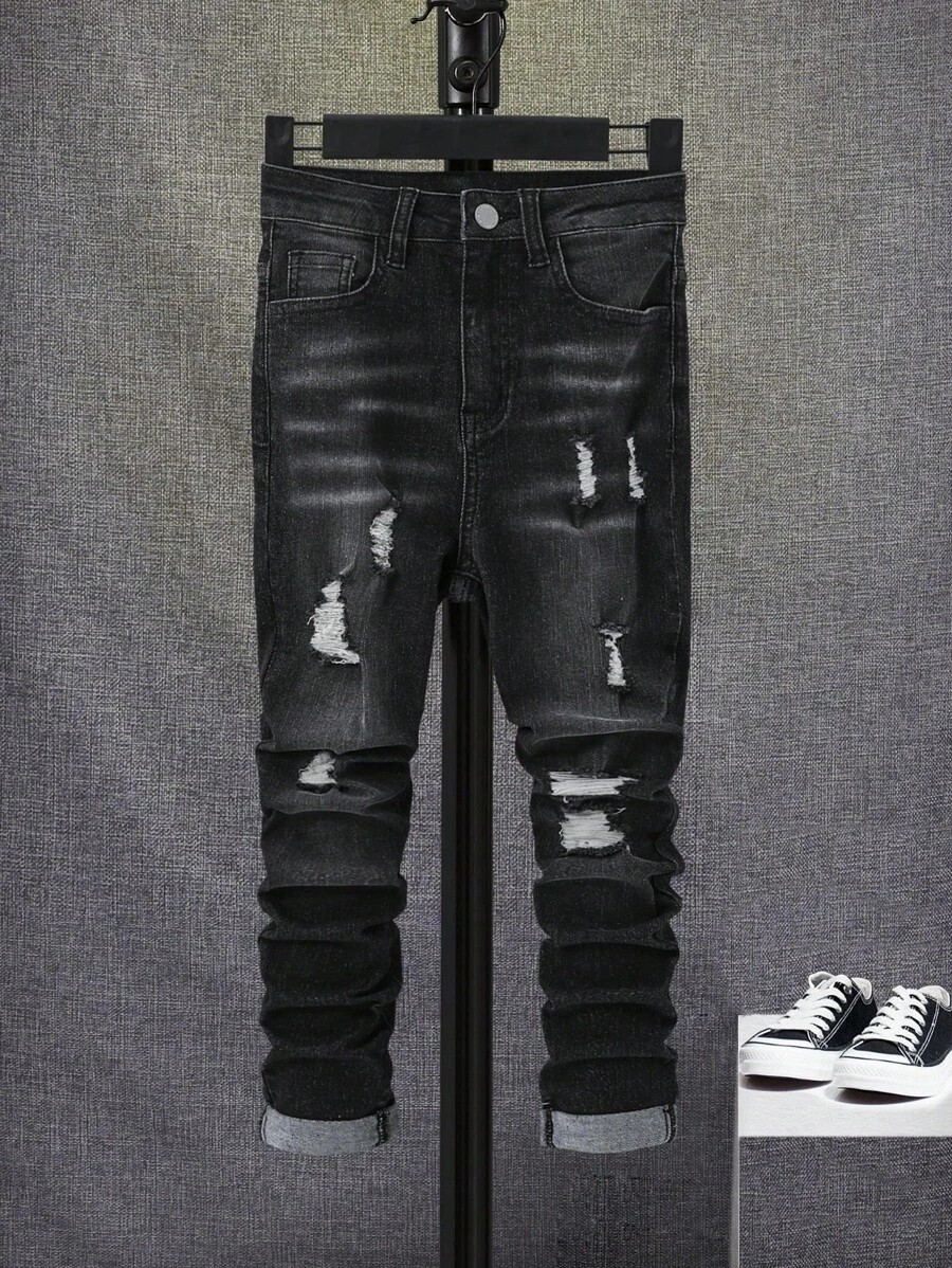 SHEIN Tween Boy Ripped Frayed Cat Whisker Washed Jeans - Black - View 1