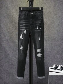 SHEIN Tween Boy Ripped Frayed Cat Whisker Washed Jeans - Black - View 3