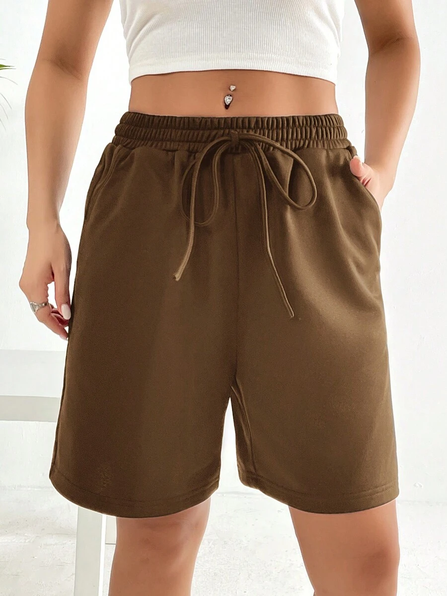 SHEIN EZwear 腰部抽繩斜口袋運動短褲 - 棕色 - 查看 1