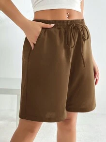 SHEIN EZwear 腰部抽繩斜口袋運動短褲 - 棕色 - 查看 3