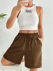 SHEIN EZwear 腰部抽繩斜口袋運動短褲 - 棕色 - 查看 5