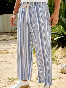 GENTILAND Men Cotton Striped Drawstring Waist Straight Leg Trousers - Multicolor - View 1