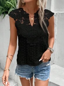 SHEIN Frenchy 拼接水溶蕾絲缺口領襯衫 - 黑色 - 查看 4