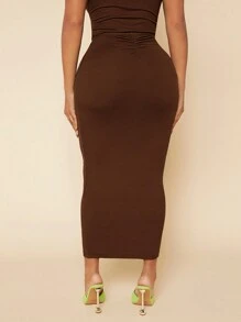SHEIN SXY Falda de lápiz unicolor con diseño fruncido - Marrón Chocolate - Ver 1