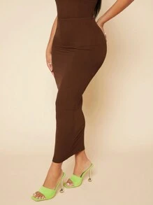 SHEIN SXY Falda de lápiz unicolor con diseño fruncido - Marrón Chocolate - Ver 3