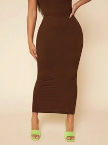 SHEIN SXY Falda de lápiz unicolor con diseño fruncido - Marrón Chocolate - Ver 4