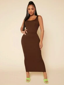 SHEIN SXY Falda de lápiz unicolor con diseño fruncido - Marrón Chocolate - Ver 5