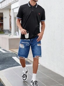 Manfinity Homme Men Animal Print Contrast Trim Polo Shirt - Black - View 5