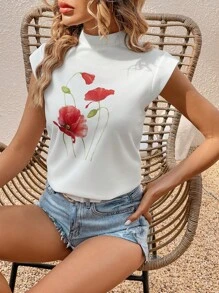 SHEIN LUNE 印花小高領罩袖T恤 - 白色 - 查看 1