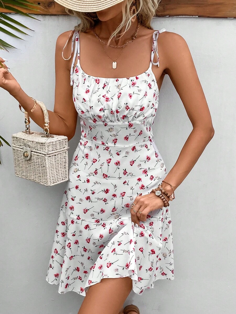 SHEIN Frenchy 碎花肩上打結吊帶連衣裙 - 白色 - 查看 1