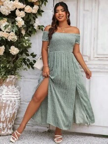 SHEIN Clasi Plus Ditsy Floral Print Off Shoulder Split Thigh Dress Women Outfit - Green - View 5