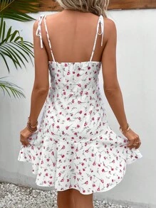 SHEIN Frenchy 碎花肩上打結吊帶連衣裙 - 白色 - 查看 2