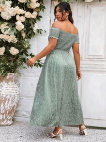 SHEIN Clasi Plus Ditsy Floral Print Off Shoulder Split Thigh Dress Women Outfit - Green - View 2