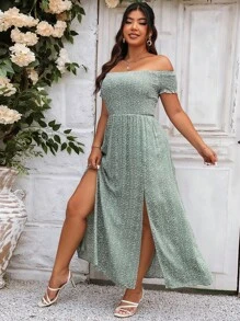 SHEIN Clasi Plus Ditsy Floral Print Off Shoulder Split Thigh Dress Women Outfit - Green - View 4