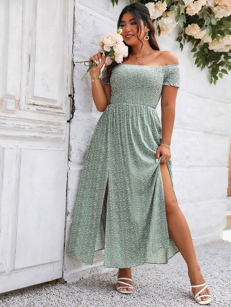 SHEIN Clasi Plus Ditsy Floral Print Off Shoulder Split Thigh Dress Women Outfit - Green - View 1