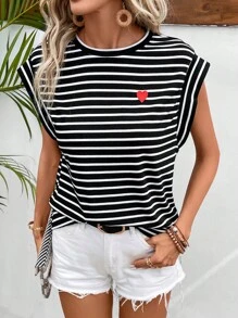 SHEIN Frenchy Striped & Heart Print Batwing Sleeve Tee - Black - View 3