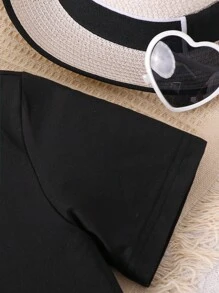 SHEIN Áo sơ mi cổ polo chi tiết chữ Tween Girl, phong cách đại học, thiết kế cổ áo polo, trang trí miếng vá chữ, thoải mái & đa năng - màu đen - Xem 4