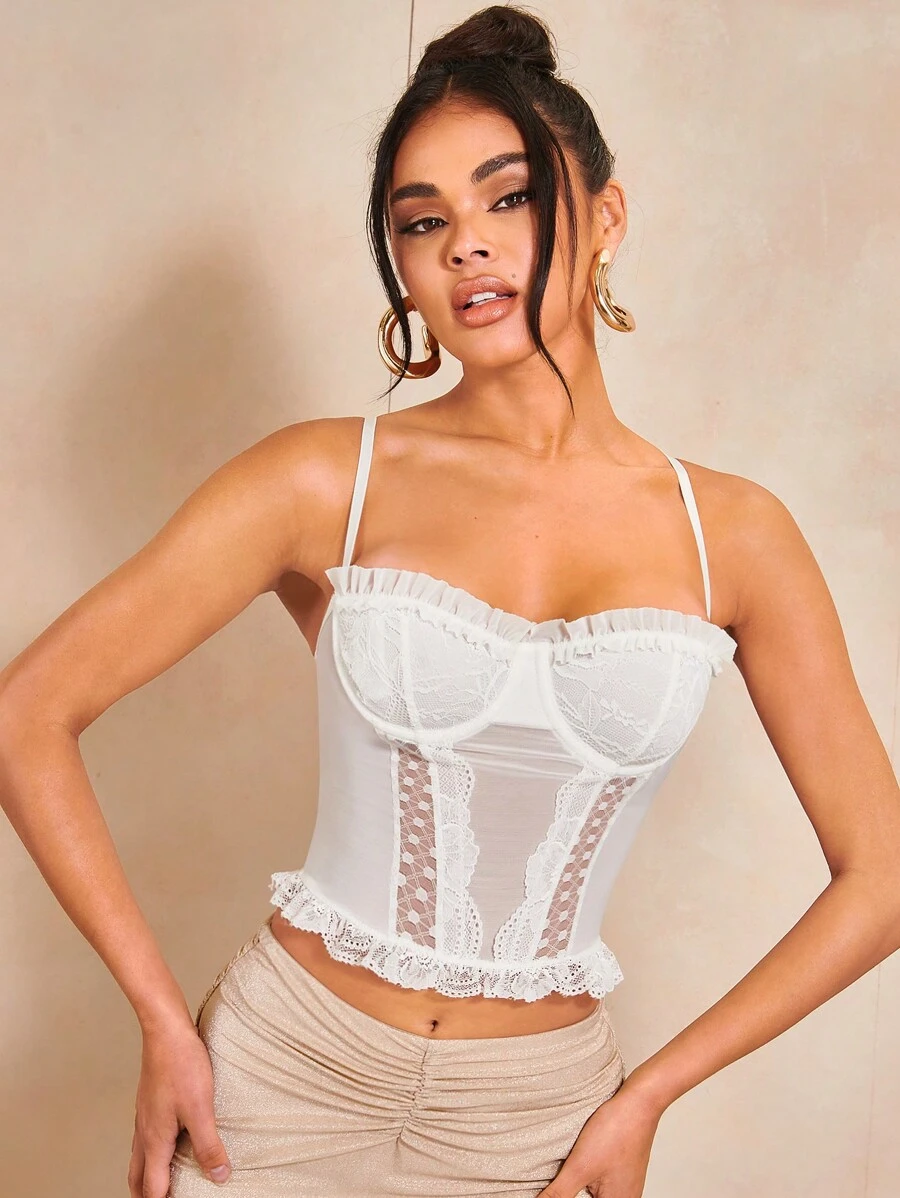 SHEIN BAE 褶邊蕾絲吊帶上衣 - 白色 - 查看 1