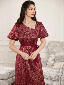 Al Najma 滿版印花泡泡袖繫腰帶連衣裙 - 酒紅色 - 查看 4