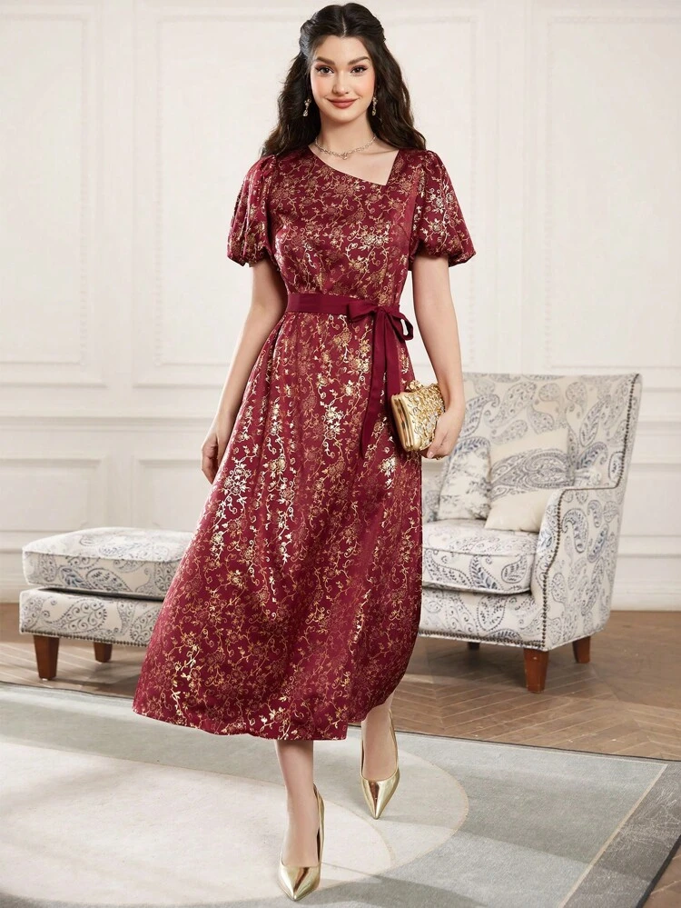 Burgundy Red Allover Floral Print Puff Sleeve Belted Dress