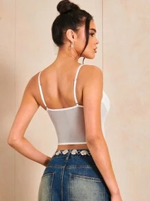 SHEIN BAE Áo khoác và áo lót dành cho xe tăng nữ Bất đối xứng Tương phản ren Cắt ra cắt màu trơn Gợi cảm - trắng - Xem 2