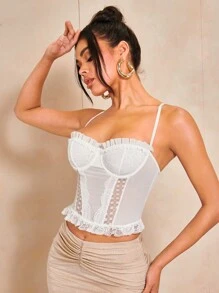 SHEIN BAE 褶邊蕾絲吊帶上衣 - 白色 - 查看 7