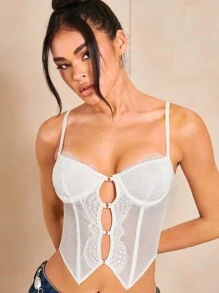 SHEIN BAE Áo khoác và áo lót dành cho xe tăng nữ Bất đối xứng Tương phản ren Cắt ra cắt màu trơn Gợi cảm - trắng - Xem 4