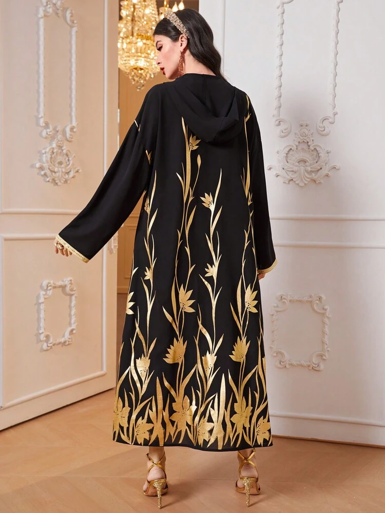 Gold Floral Print Notched Neckline Dress