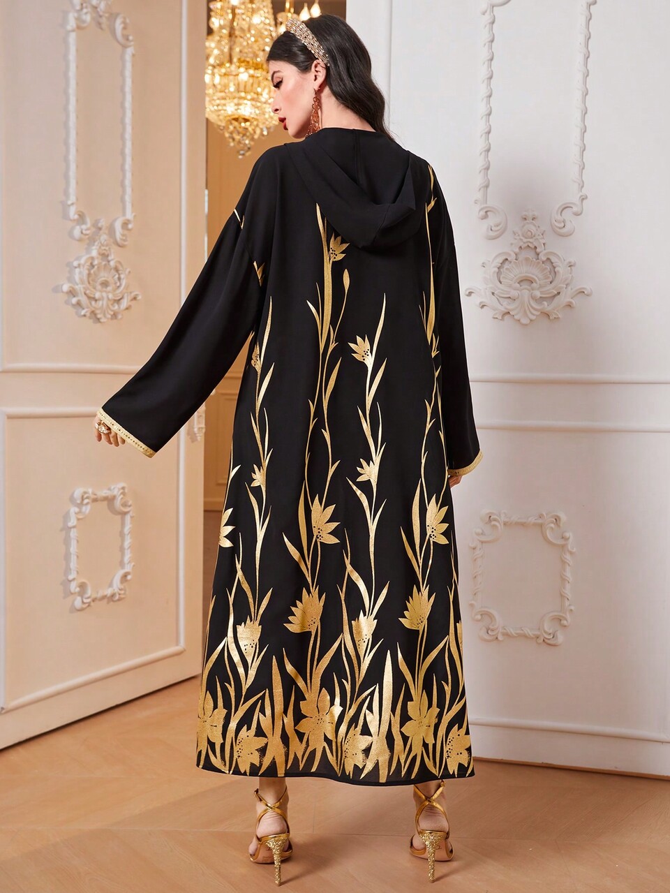 Gold Floral Print Notched Neckline Dress