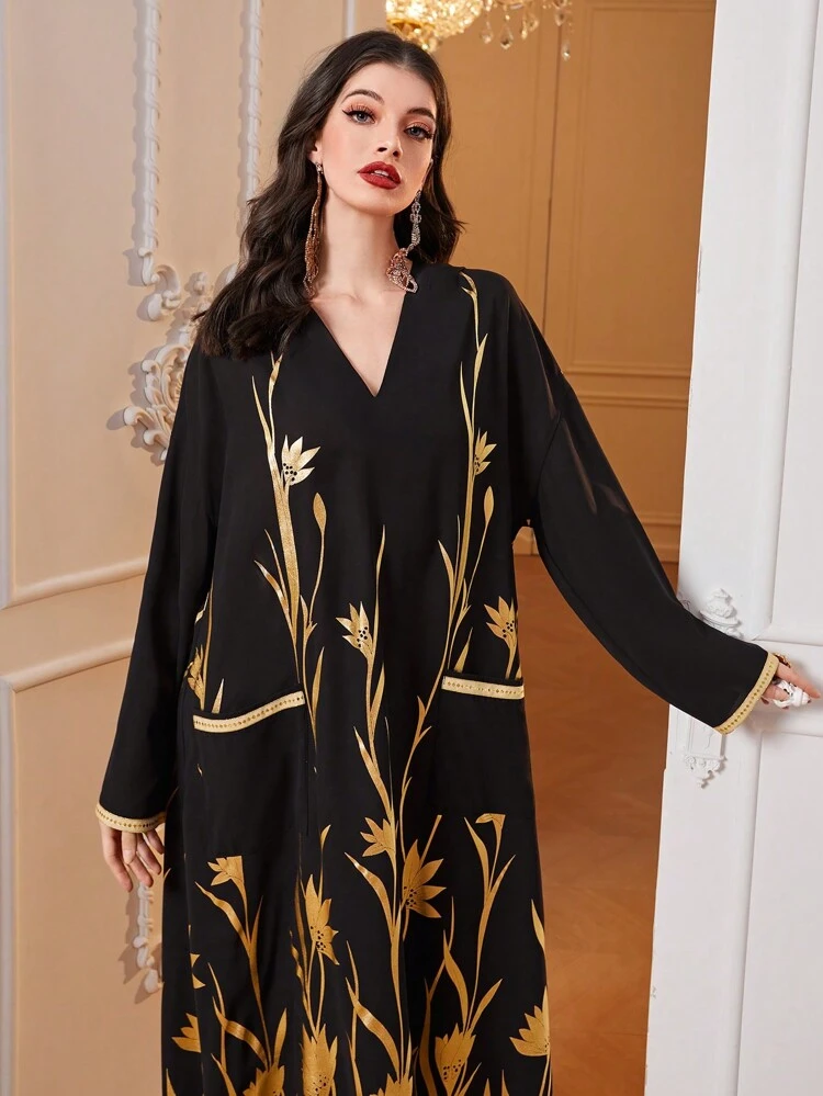 Gold Floral Print Notched Neckline Dress