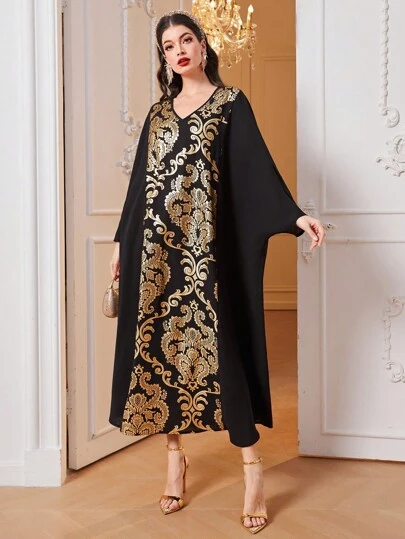 Al Najma 金色渦卷裝飾印花蝙蝠袖土耳其長袍