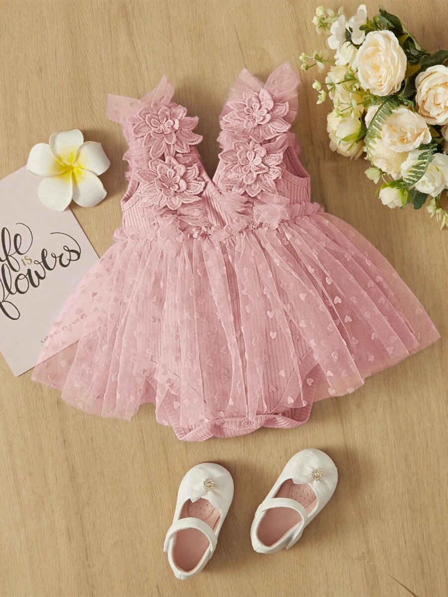 SHEIN 嬰兒女孩花朵拼接網紗連體裙 - 淺粉色 - 查看 1