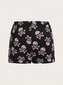 ROMWE Goth Plus Skull Print Contrast Binding PJ Set - Black - View 3