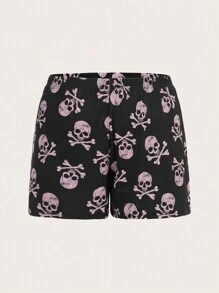ROMWE Goth Plus Skull Print Contrast Binding PJ Set - Black - View 4