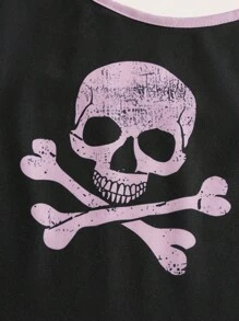 ROMWE Goth Plus Skull Print Contrast Binding PJ Set - Black - View 6