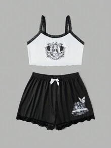 Corpse Bride | ROMWE 大碼人像圖案蕾絲拼接前蝴蝶結睡衣套裝